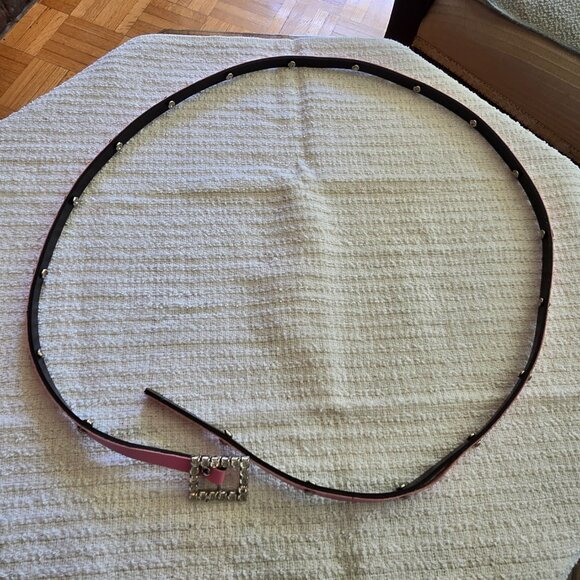Vintage Pink Leather Slim Belt with Silver Rhinestone Buckle & Studs - Picture 2 of 7